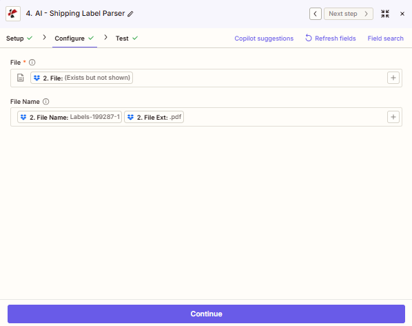 Zapier PDF4me AI-Shipping Label Parser Configure tab — File field set to step 2 binary file output showing 'Exists but not shown', File Name field assembled from File Name token (Labels-199287-1) and File Ext token (.pdf)